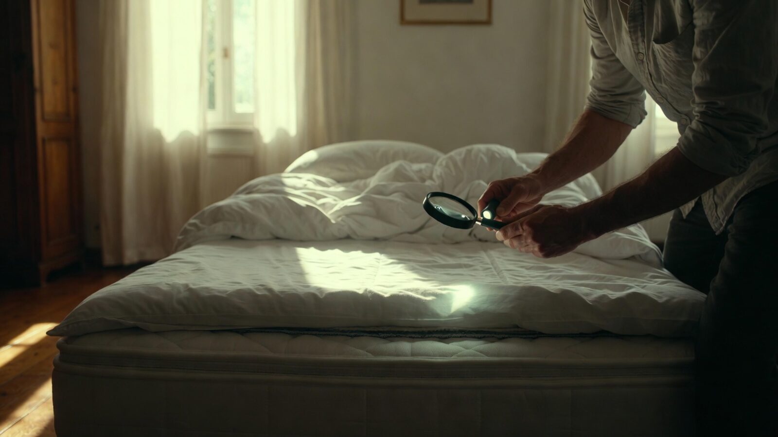 Inspection discrète d'un matelas à la loupe, à la recherche de traces de punaises de lit